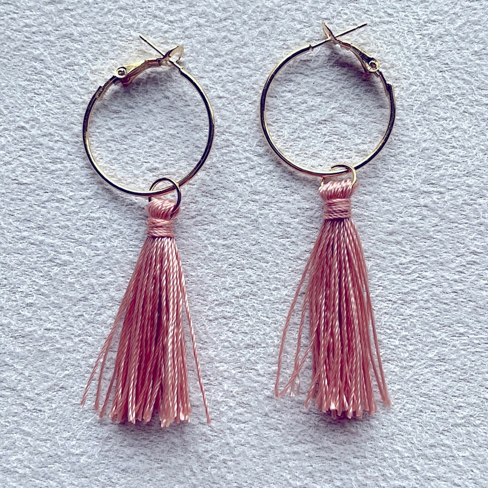 Gold hoop + pink tassel earrings